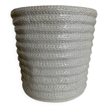 White stamped glazed earthenware pottery planter