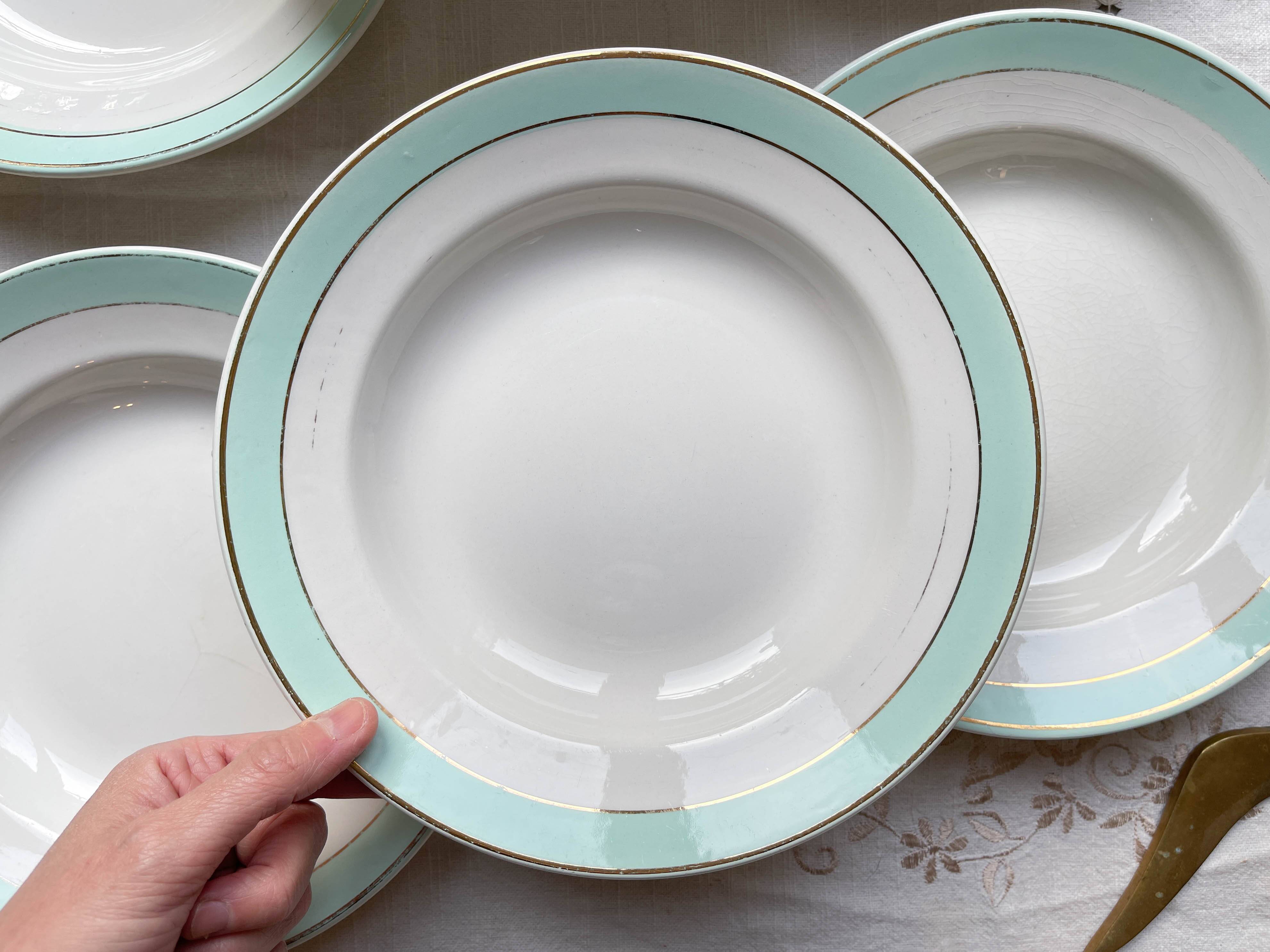 6 vintage LUNEVILLE earthenware soup plates, white, green and gold