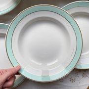 6 vintage LUNEVILLE earthenware soup plates, white, green and gold