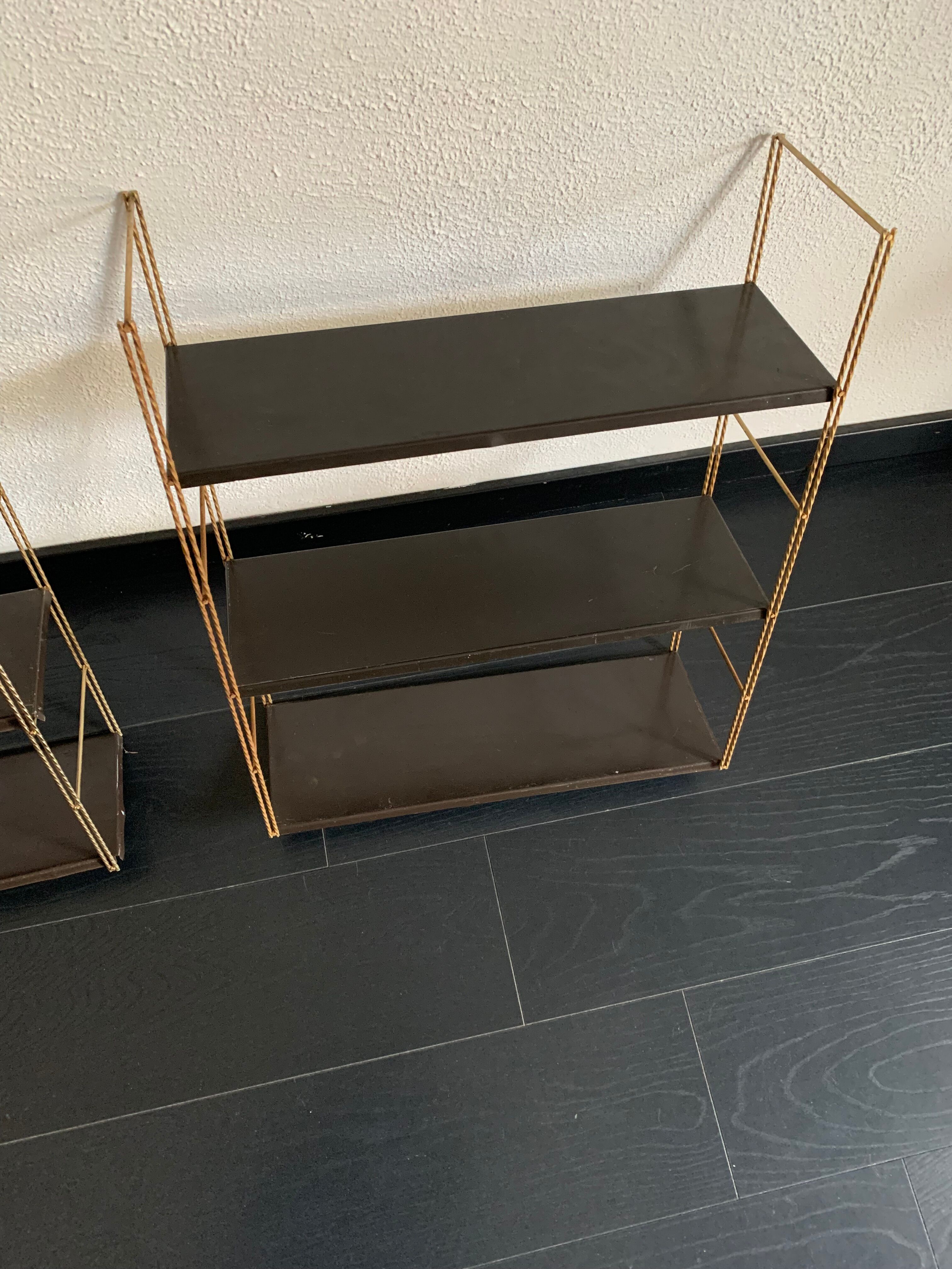 Pair shelves vintage 1960 string chocolate gold - 144 x 58 cm
