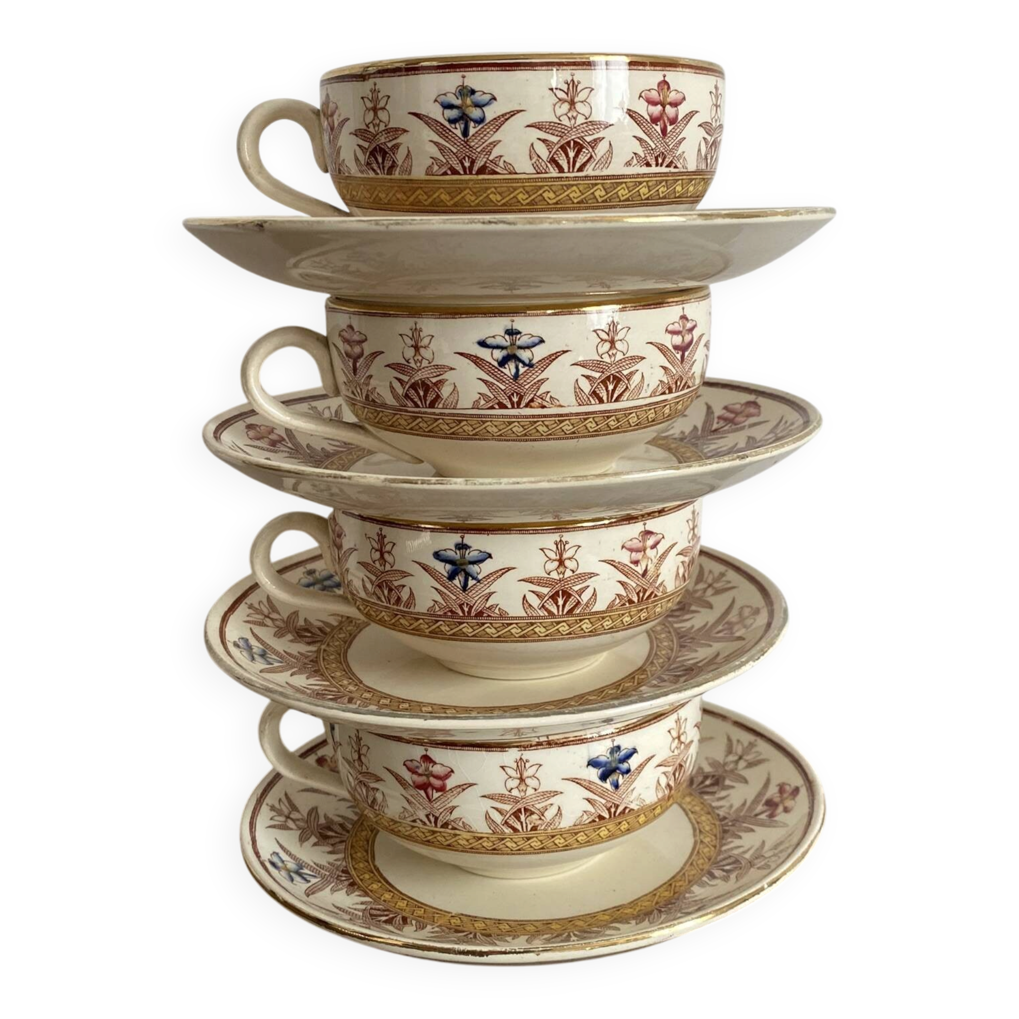 Tea cups and saucers in Sarreguemines ironstone "Derby"