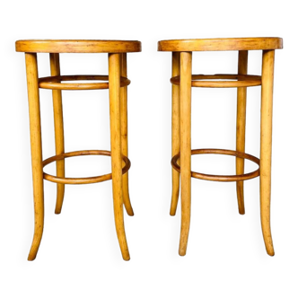 Paire de tabourets de bar vintage , bois cintré et cannage