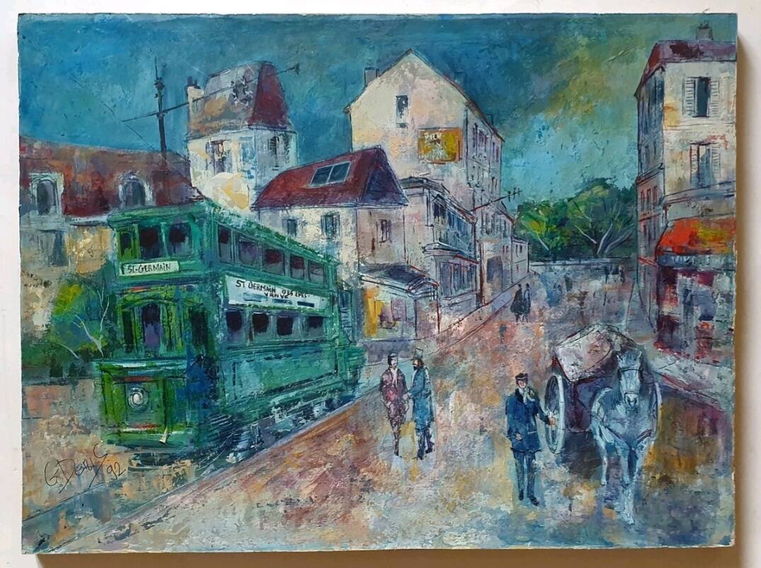 Tableau ancien rue animée à Saint Germain, signé G. Denis