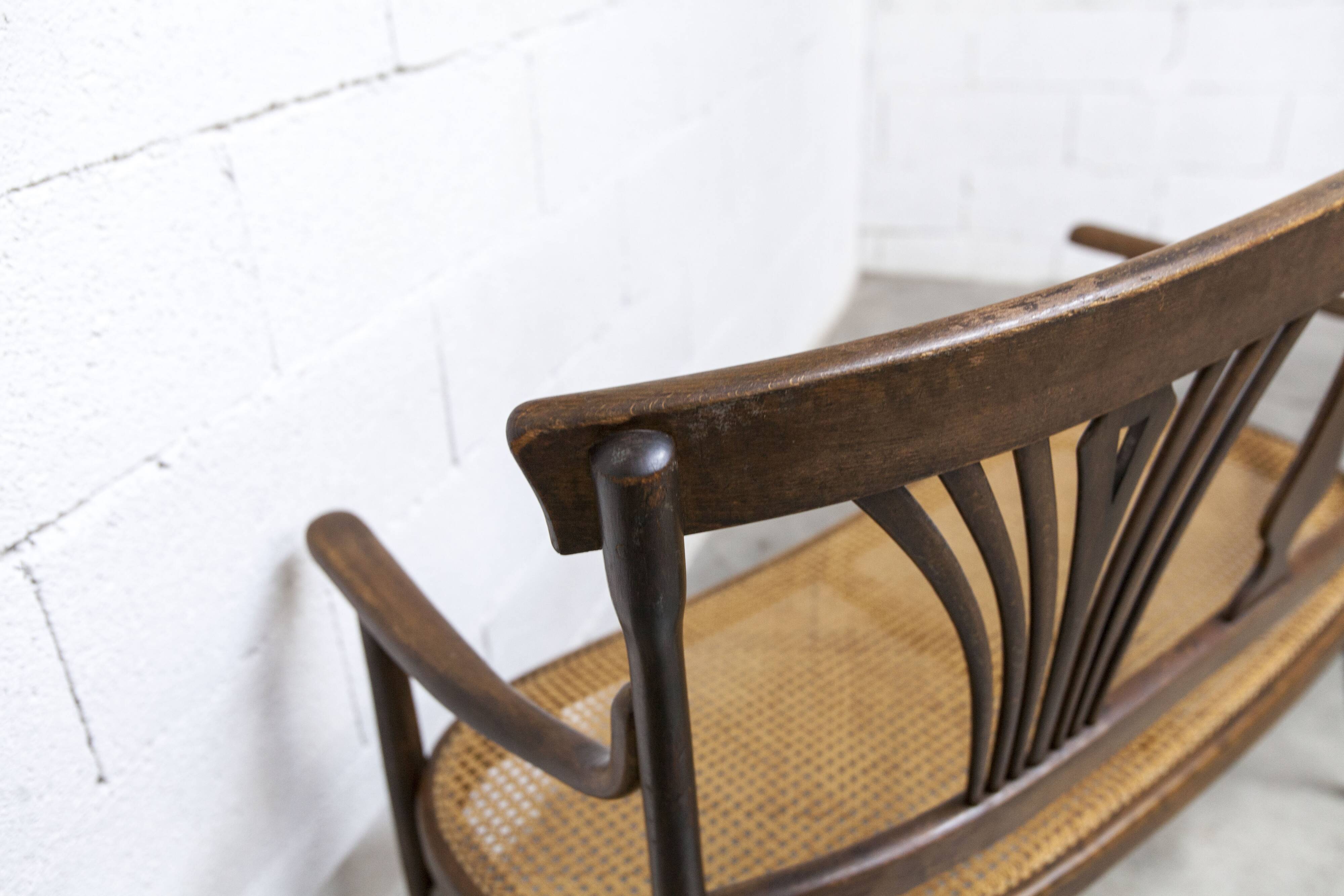 Fischel bench 1930 curved wood artisanal cane handmade