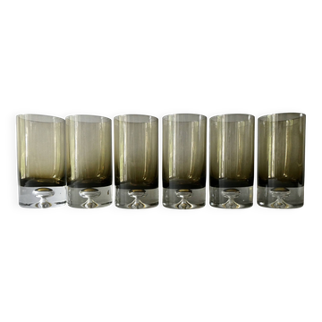 6 large bubble base glasses, smoked glass, 1960s