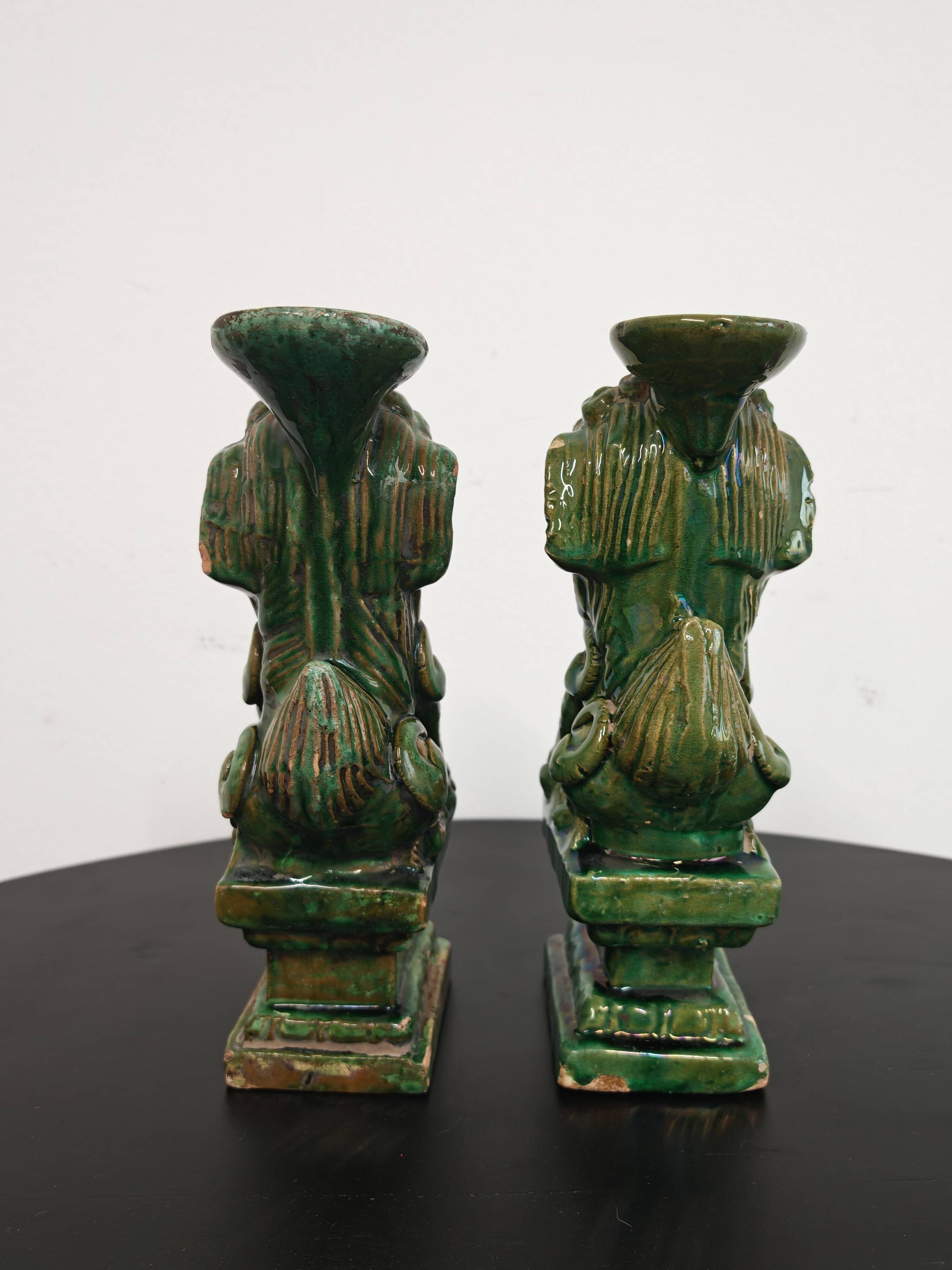 Pair of Foo Dog candle holders in ceramic, China 19th century