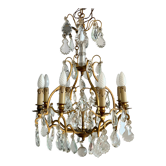 Lustre cage bronze à pampilles 8 feux style Louis XV début XXème