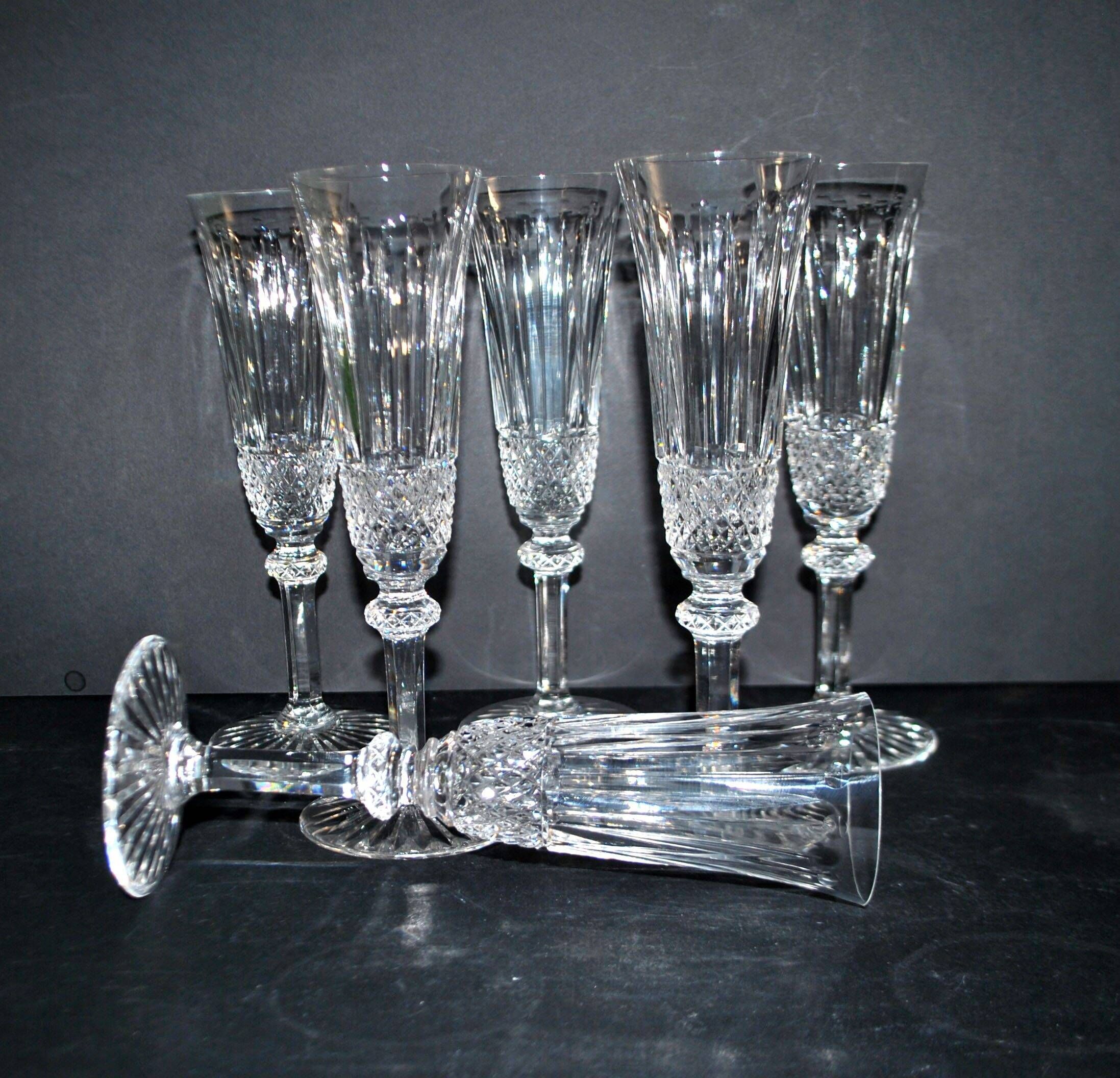 Saint-Louis set of 6 Tommy cut crystal champagne flutes signed H18.5