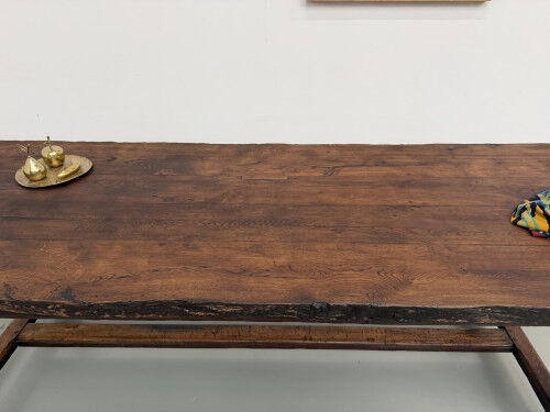 Brutalist farmhouse table in solid oak, 270 cm, 1920s.