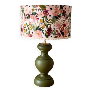 Vintage olive green table lamp – handmade floral lampshade