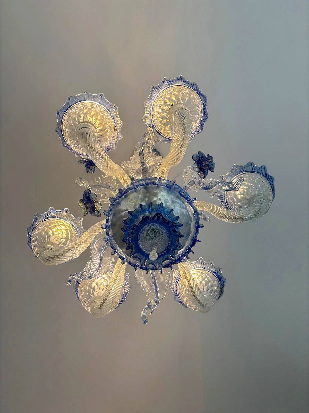 Venetian chandelier in blue Murano glass and crystal, 6 arms