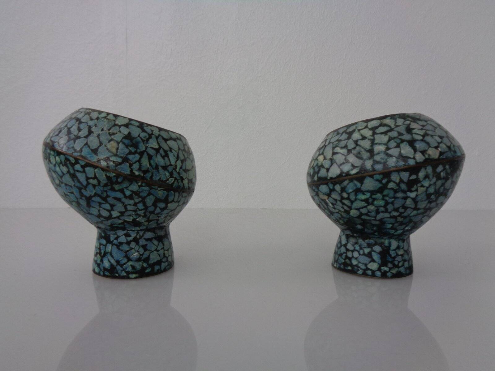 Vintage Indian Copper & Turquoise Stone Ashtrays, 1960s, Set of 2