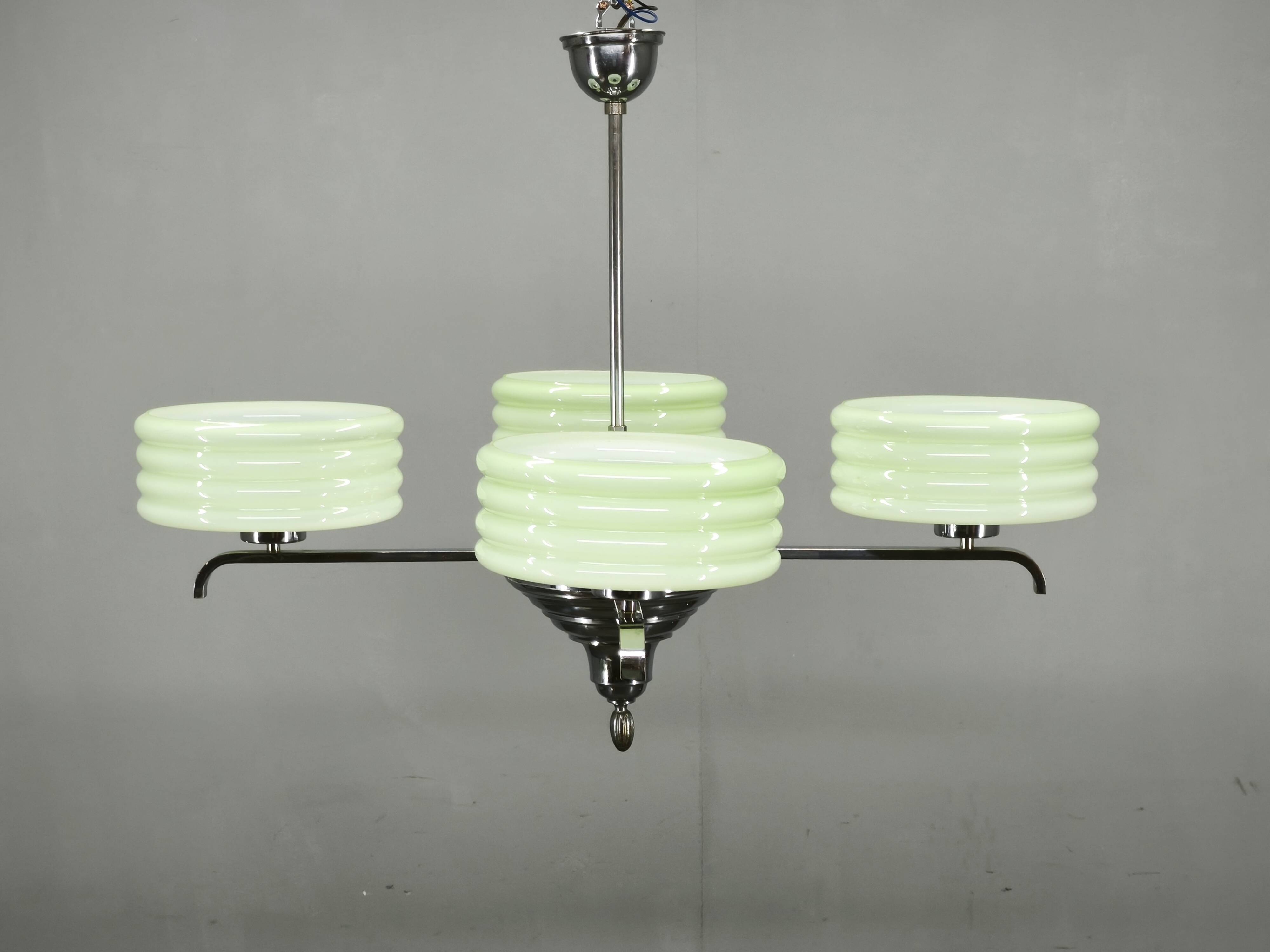 Art Deco Green Opaline Glass Chandelier, Czechoslovakia 1930s