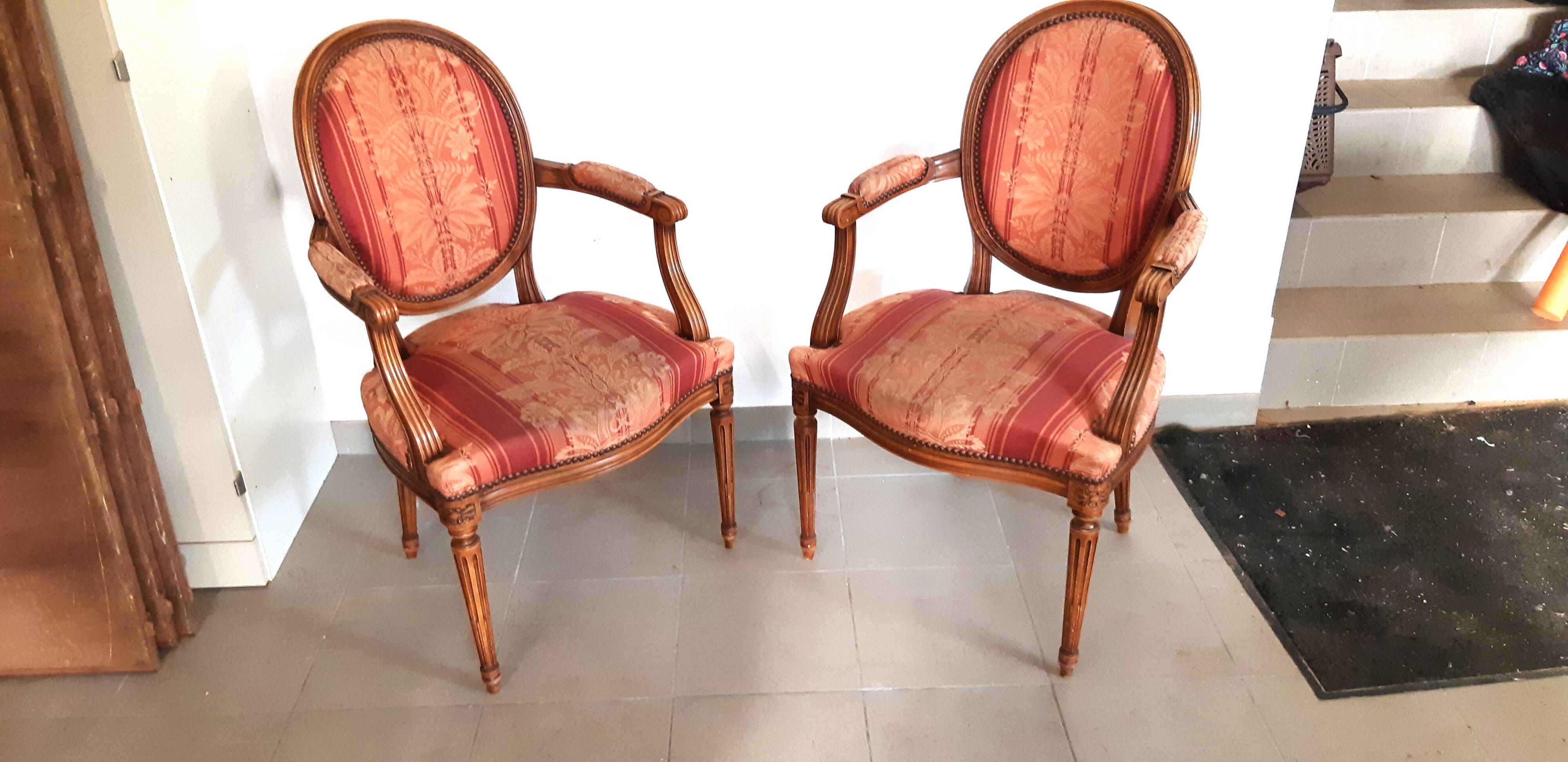 Pair of Louis XVI style cabriolet armchairs with medallion