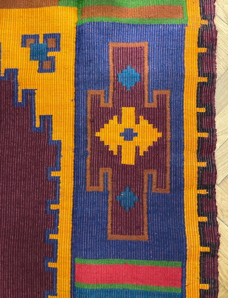 Handwoven vintage accent geometrical rug, colorful wool, Romanian carpet 230x160cm