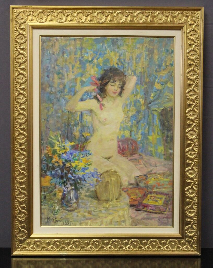 Oil on canvas young woman with a pink knot by riasnianski