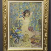 Oil on canvas young woman with a pink knot by riasnianski