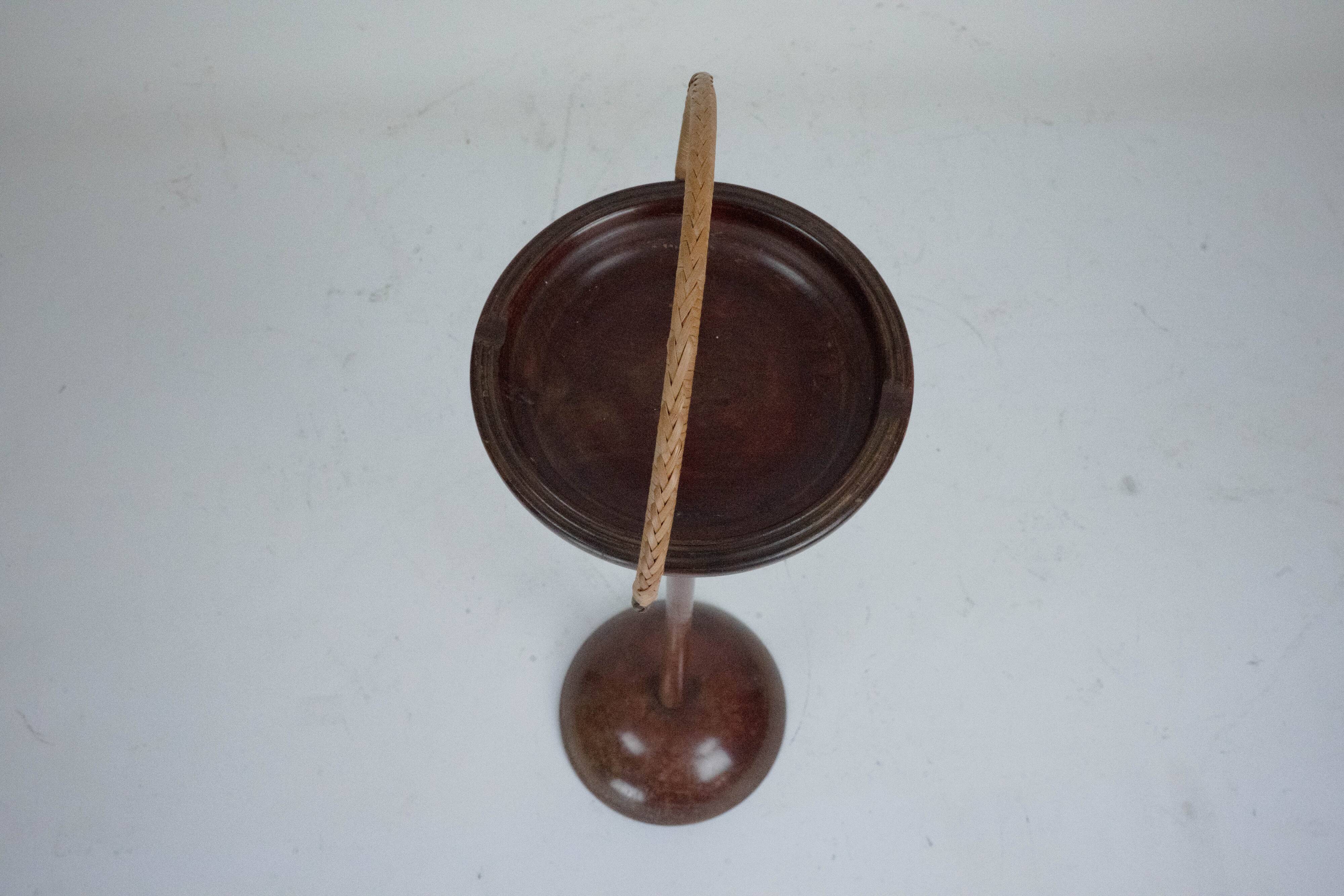 Vintage Wooden Ashtray Stand with Braided Leather Handle. Italy 1950s