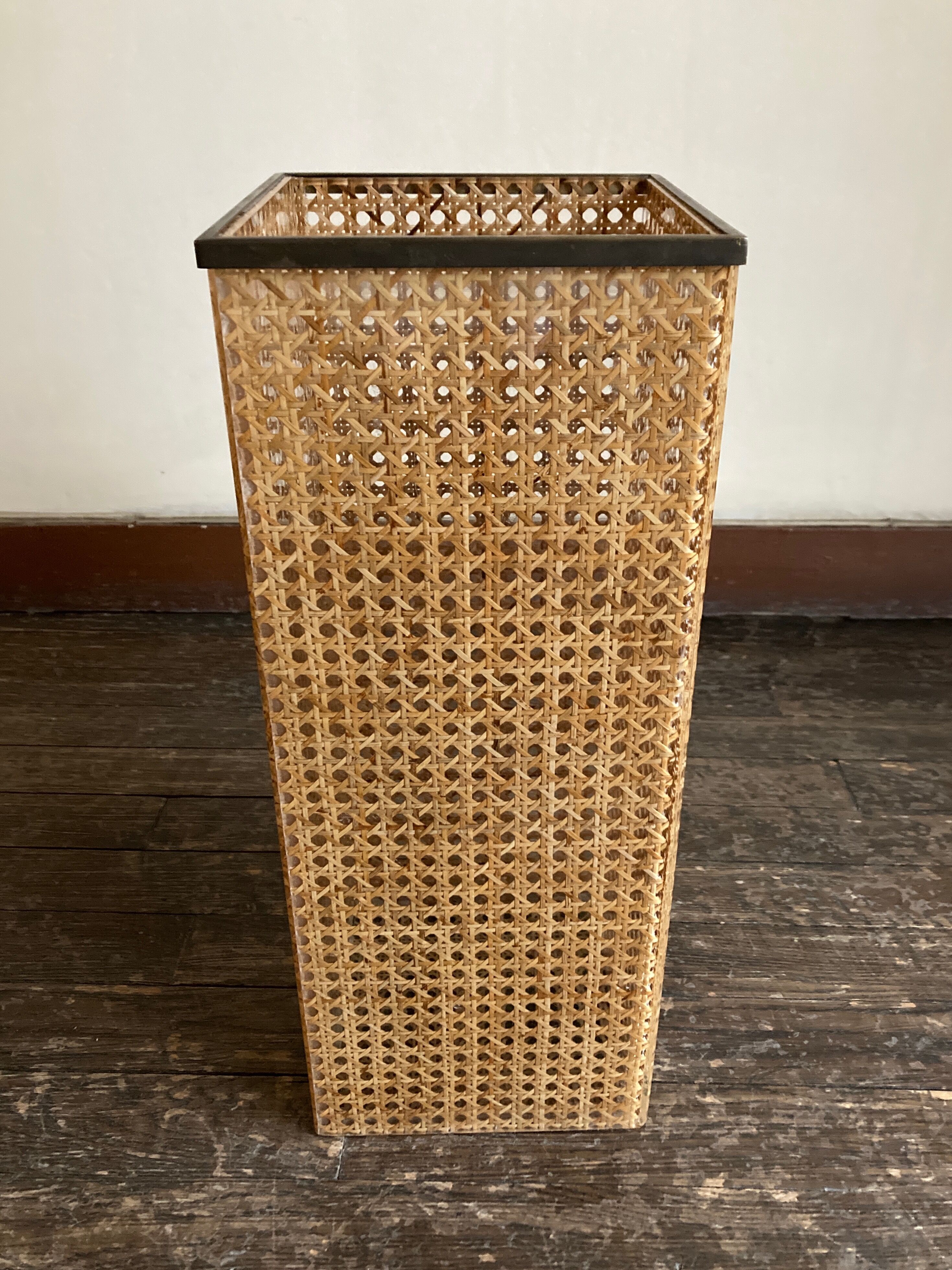 1970 wicker and plexiglass wastebasket