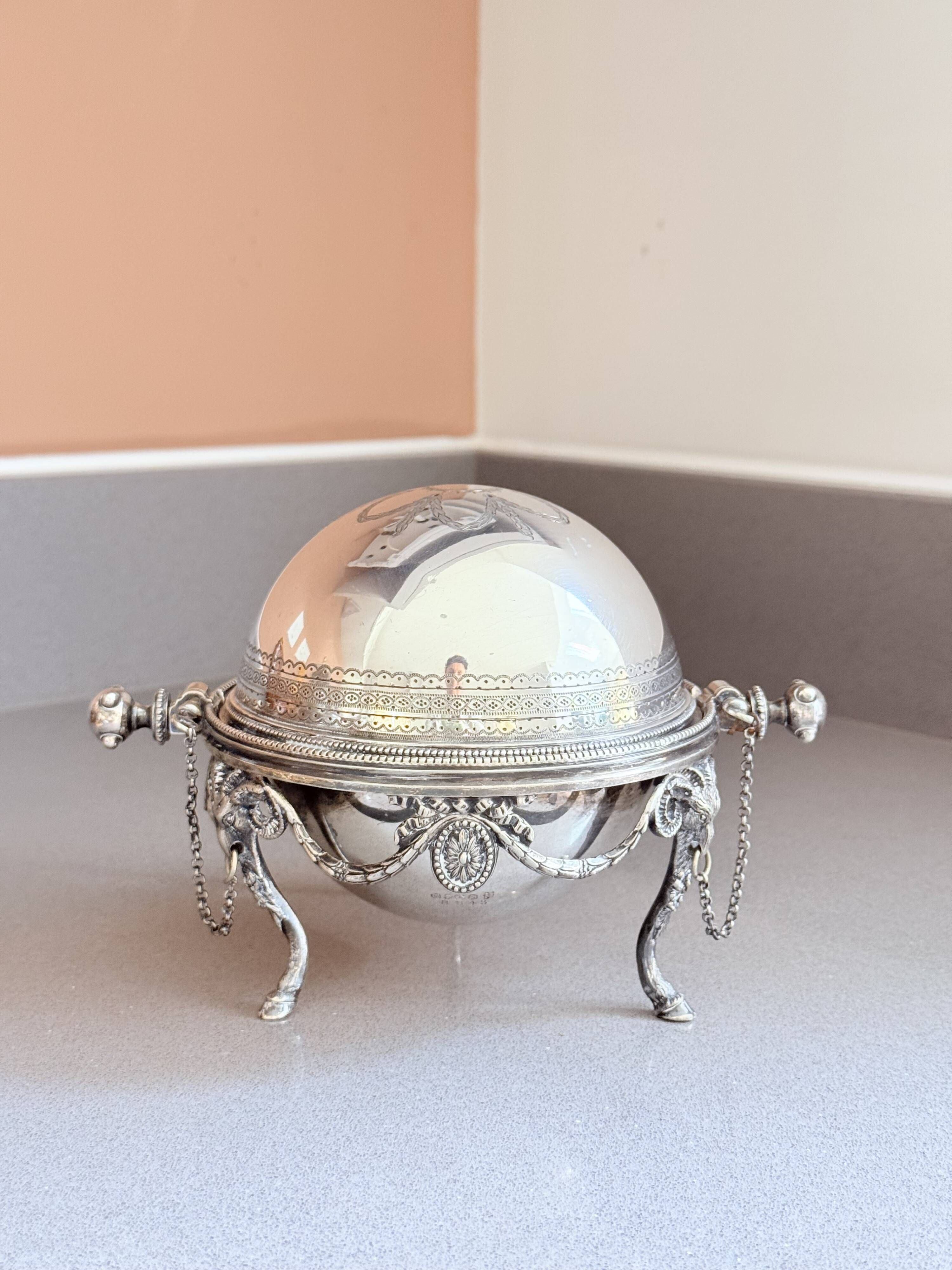 Antique English Silver-Plated Roll-Top Caviar Dish with Ram’s-Head Decoration