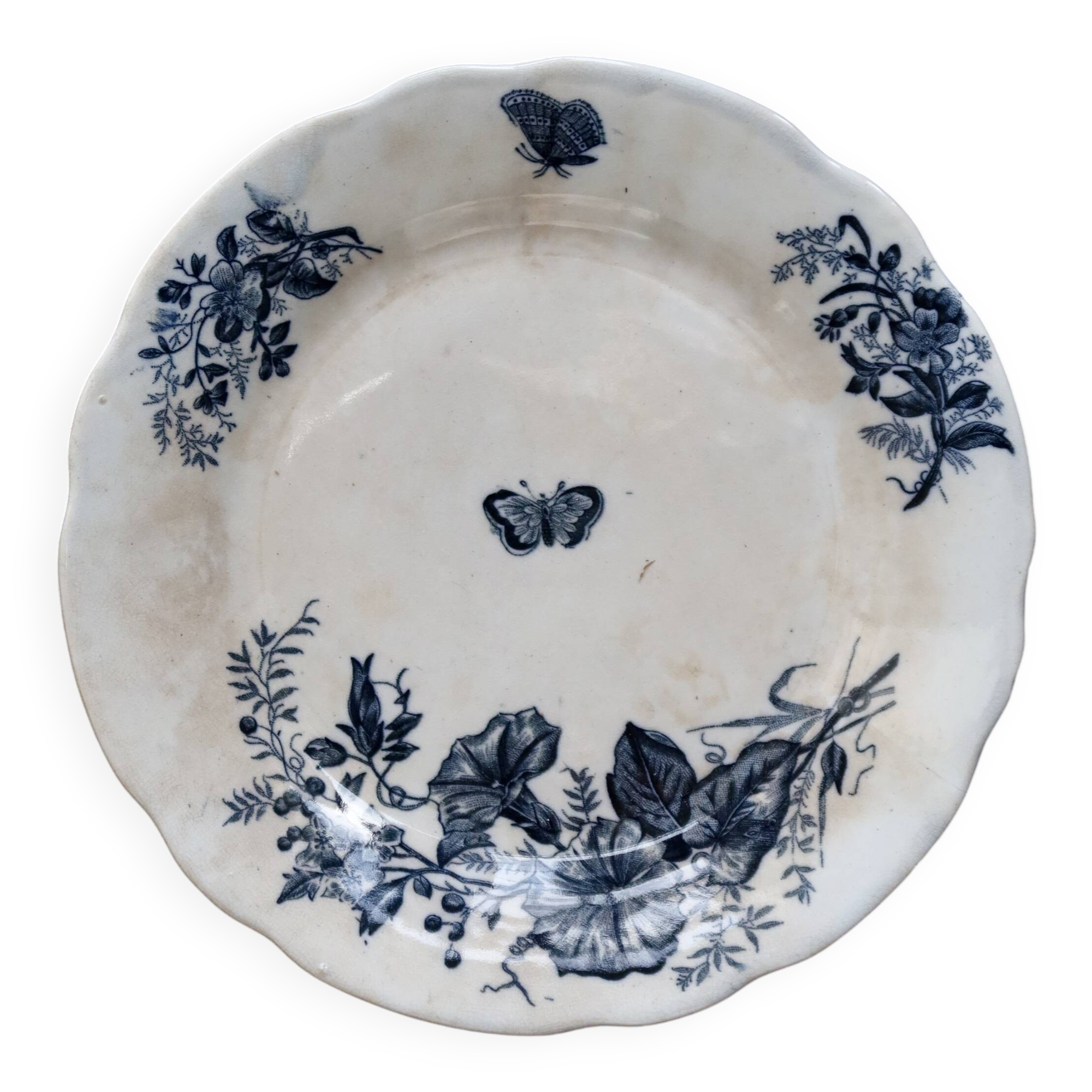 Antique flat plates made of ironstone from Onnaing, Nord - Floral and butterfly pattern.