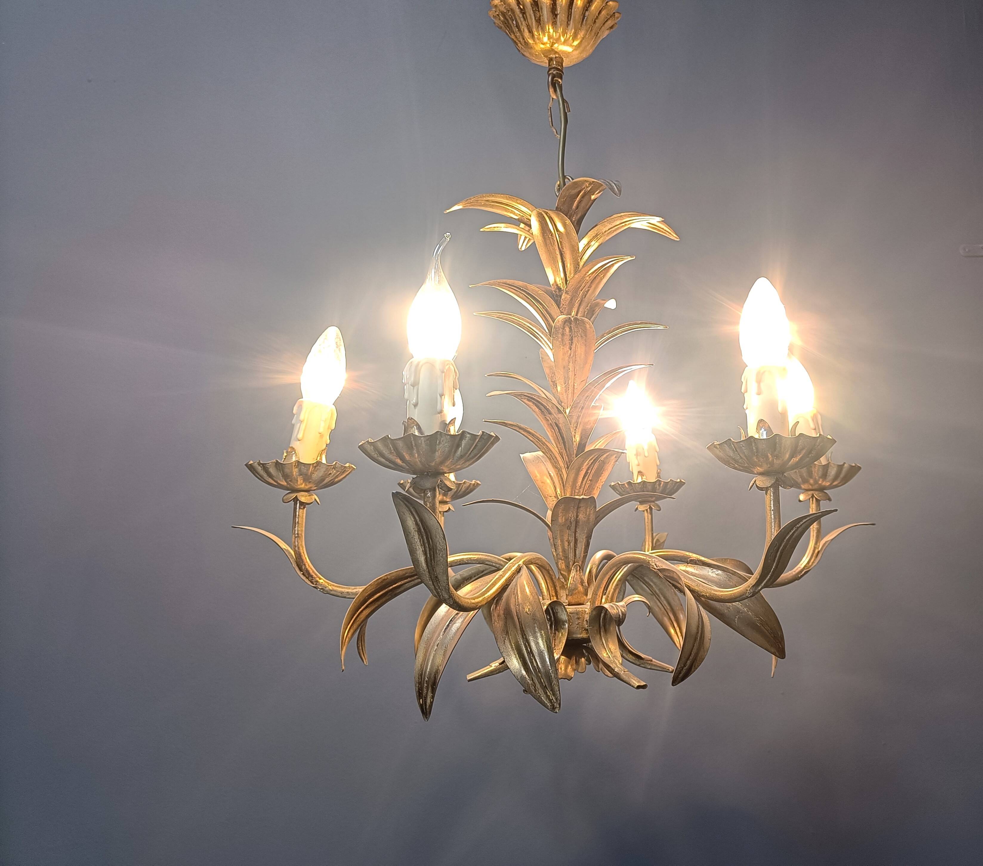 Vintage gilt metal pineapple leaf chandelier, 1960s