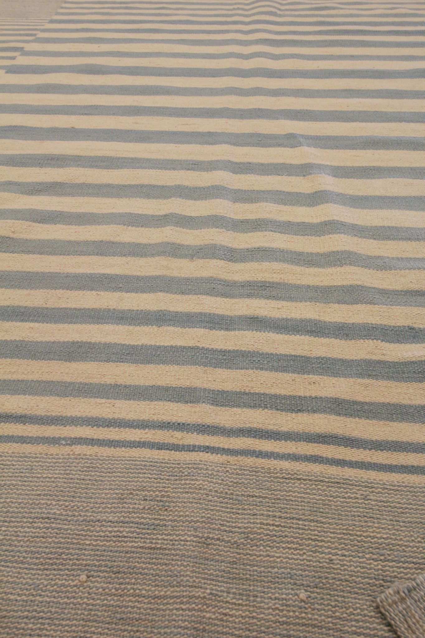 Blue cream wool kilim handwoven modern kilim flat-weave area rug-205x283cm