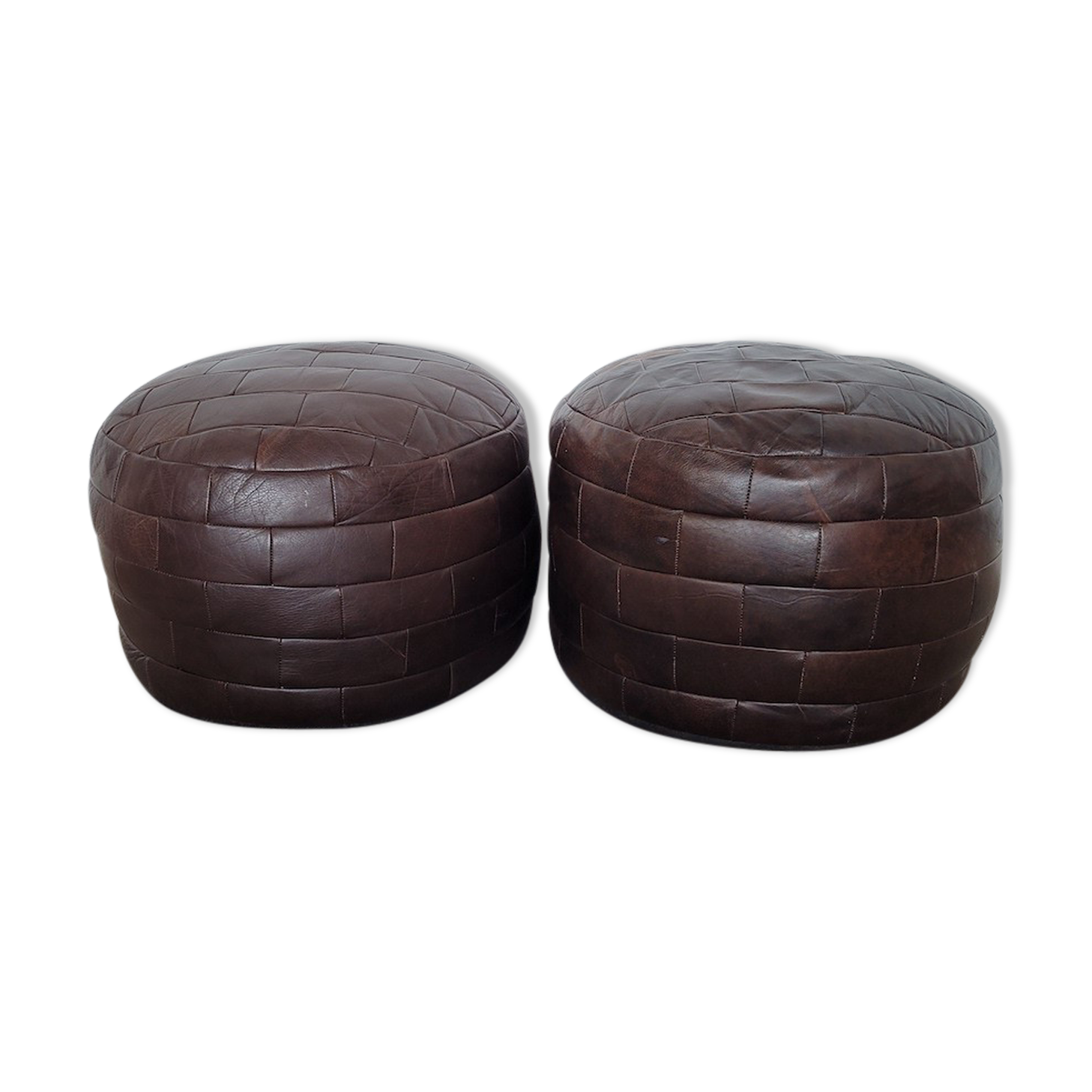 Pair of poufs, in brown leather patchwork 1970
