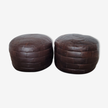 Pair of poufs, in brown leather patchwork 1970