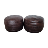 Pair of poufs, in brown leather patchwork 1970