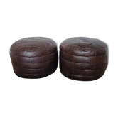 Pair of poufs, in brown leather patchwork 1970