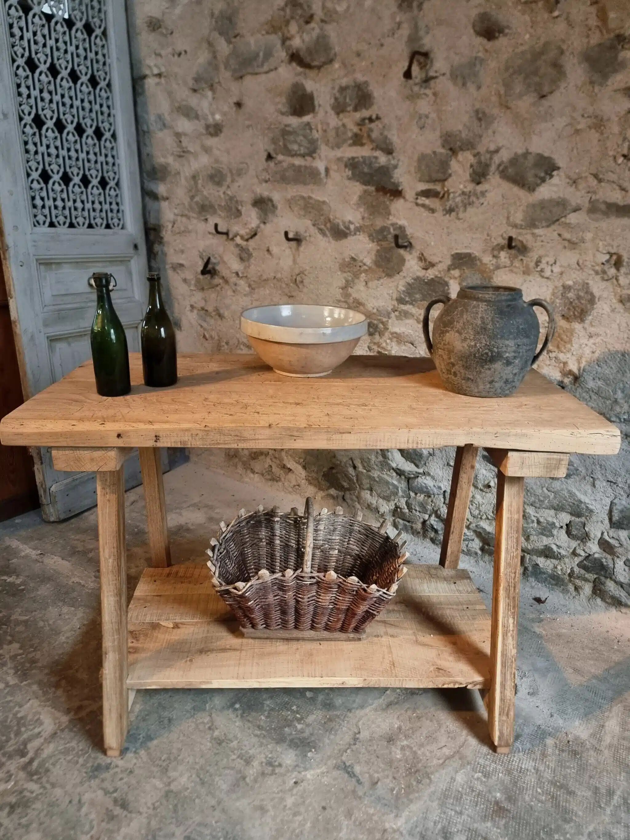 Old French work table / kitchen island / console, beech and chestnut, circa 1930–1950