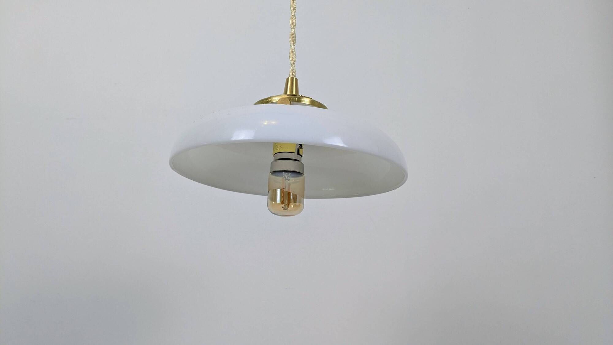 Vintage suspension in white opaline with a bulged shape – 1960s lampshade, brass.