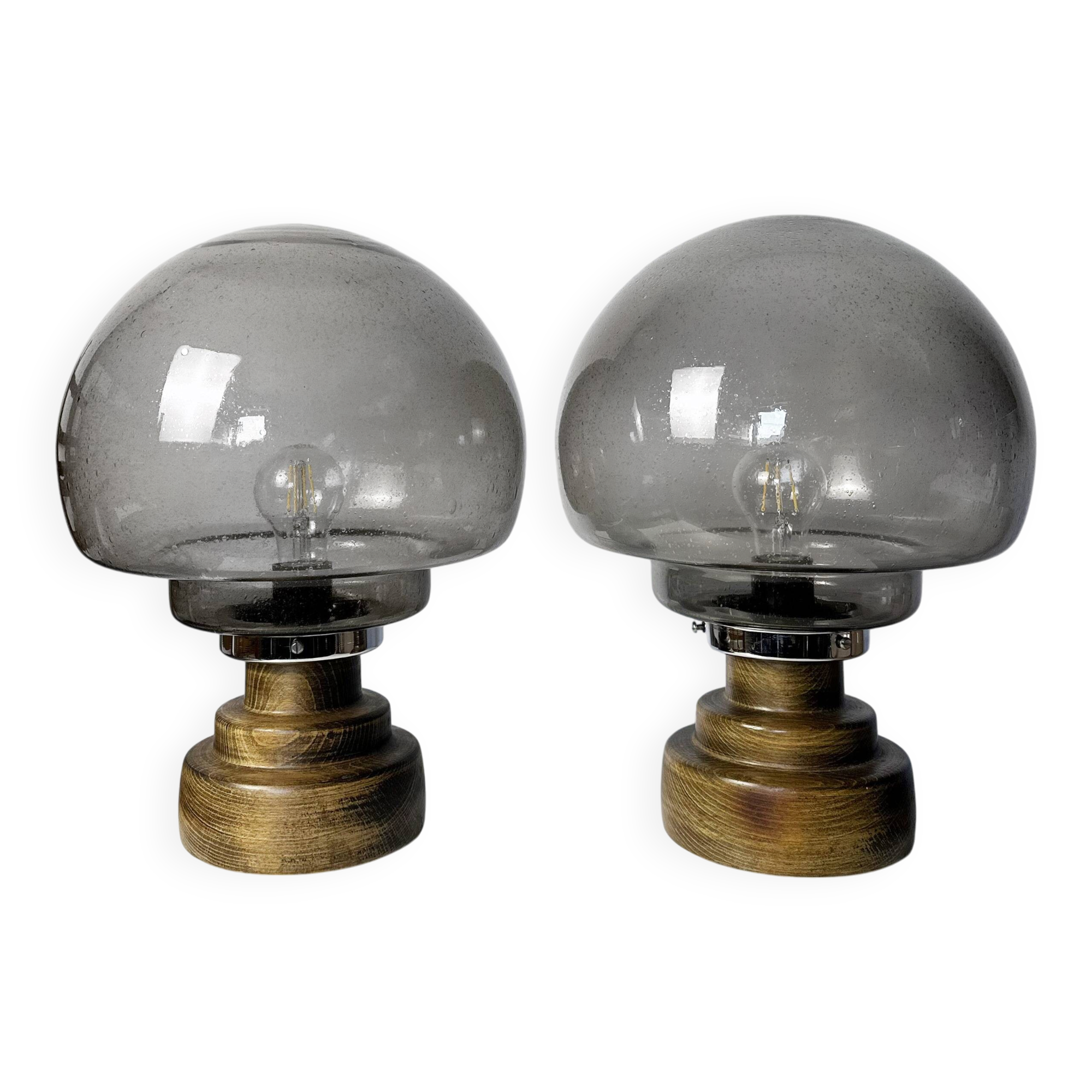 Set of 2 vintage Italian brutalist mushroom table lamps in smoked glass
