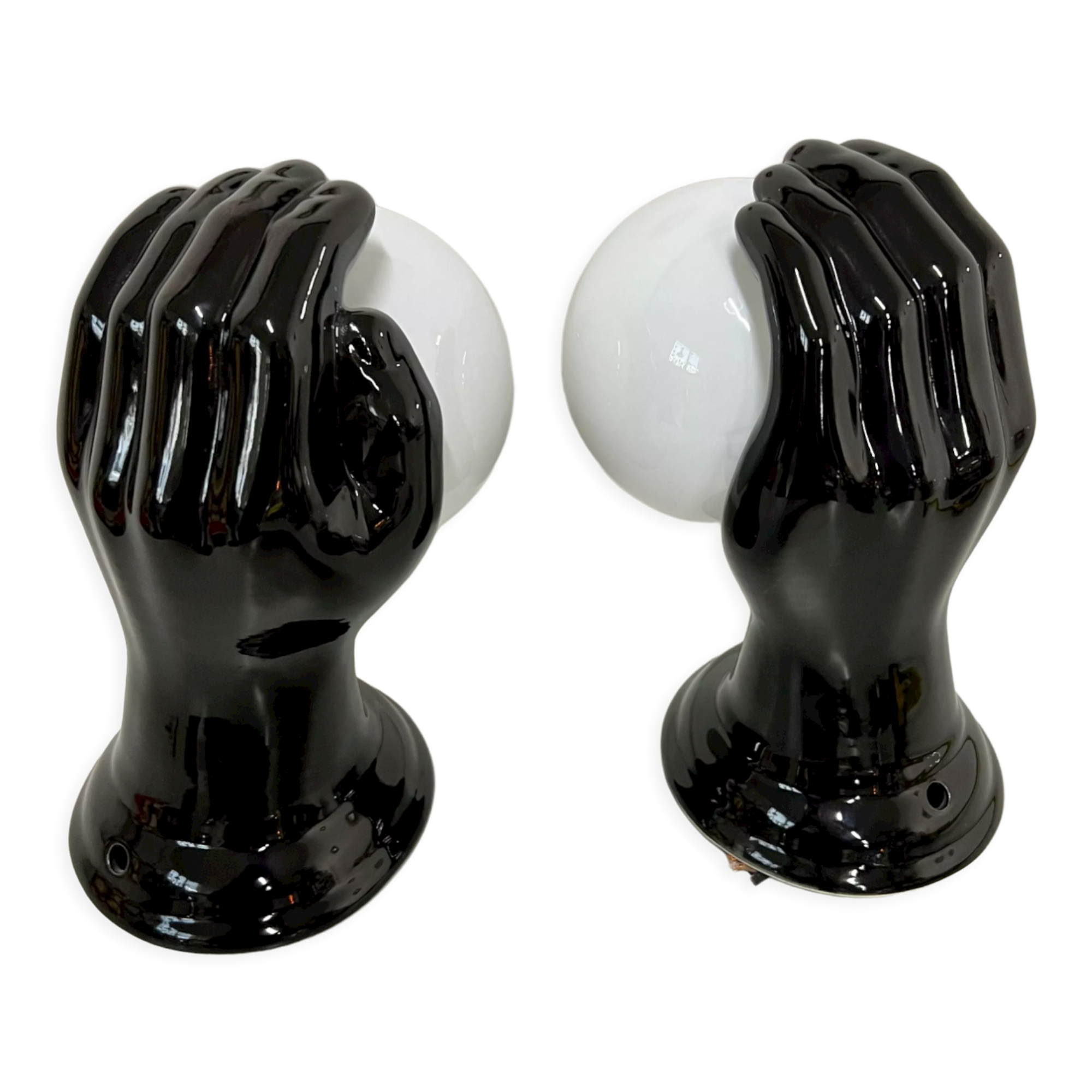 2 black ceramic hand lamps from the 70s / vintage and opaline lamp