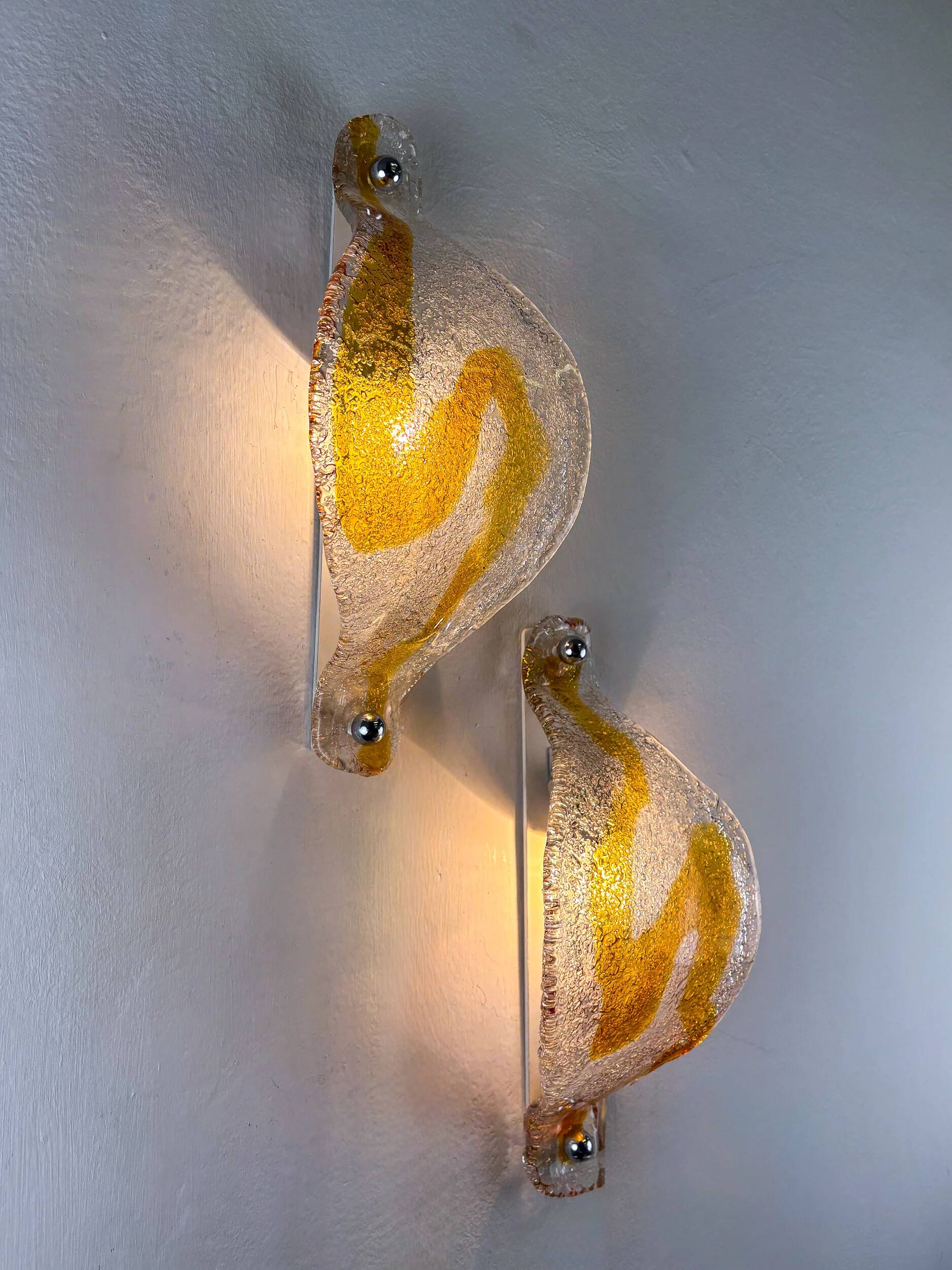 Pair of Mazzega Murano wall lights, orange frosted curved glass, Italy, 1970s