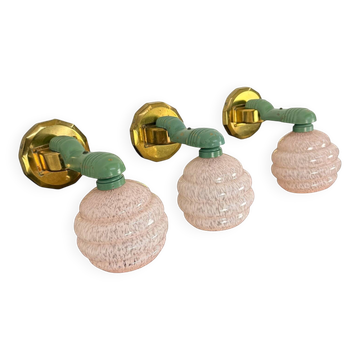 Set of Three Art Deco Wall Lamps with Pink Mottled Glass Shades