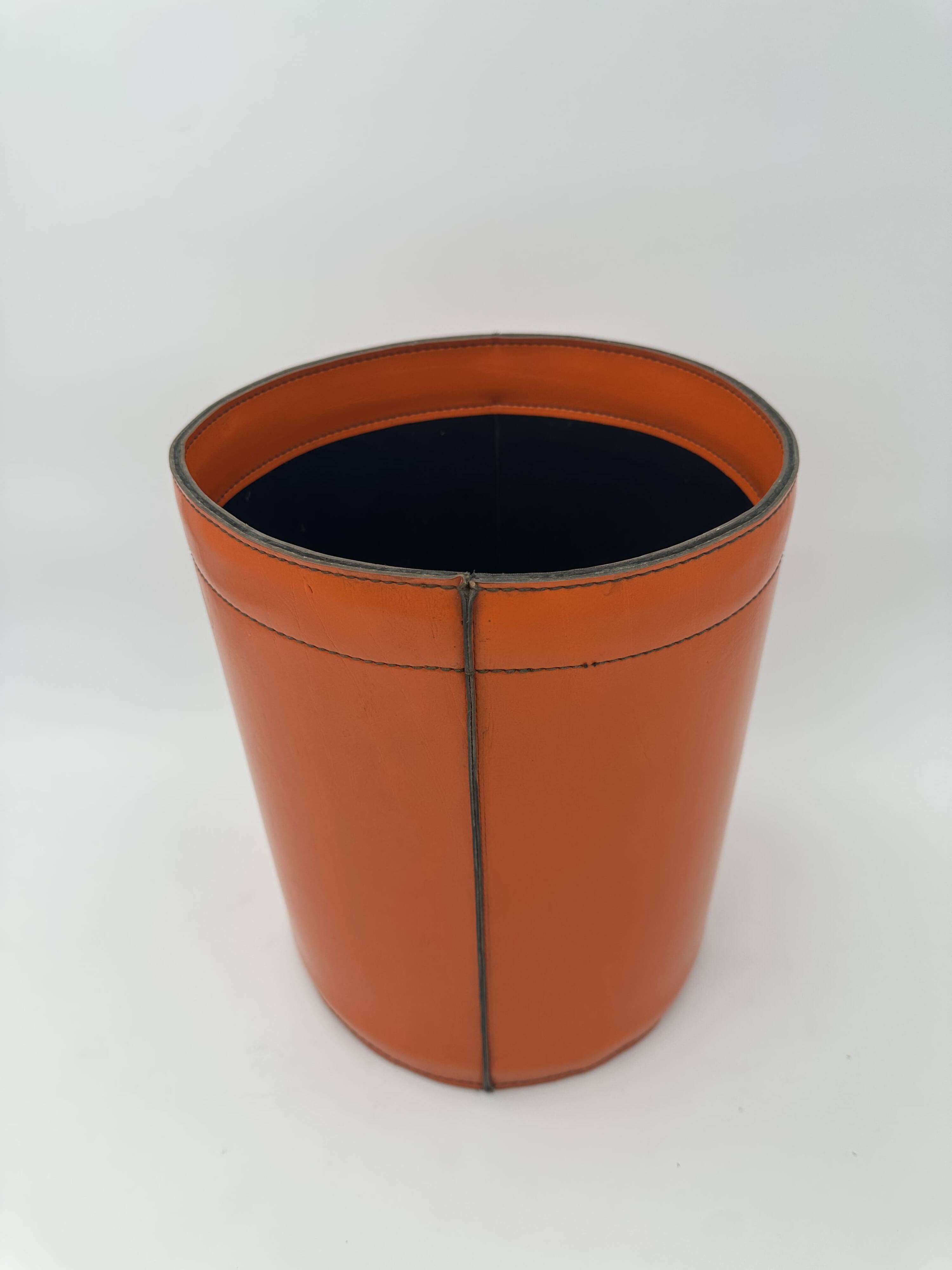 Orange Leather Waste Paper Basket in the Style of a Saddler, in the Taste of Hermès, Ann