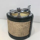Ice bucket in leather, rope, and chrome. In the style of Jacques Adnet