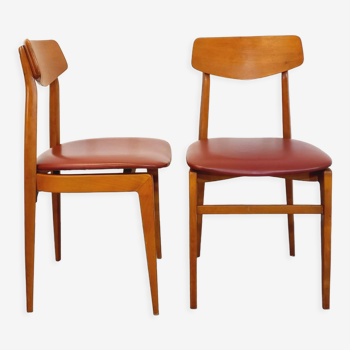 Paire de chaises style scandinave vintage en skai et bois esprit teck des années 50 60