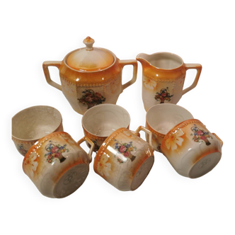 Very nice tea or coffee set. vintage. iridescent orange floral basket decor