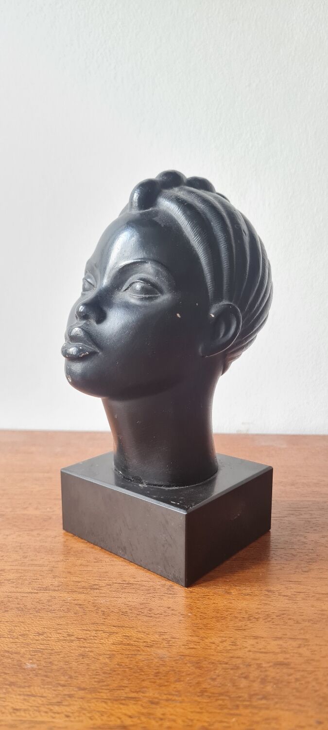 Art deco African woman bust plaster statuette signed Andre C registered