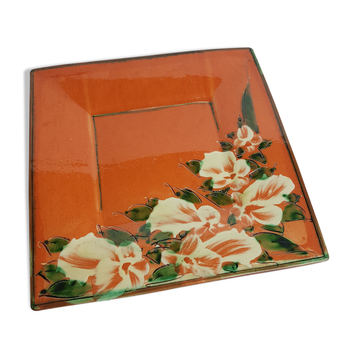 Dish or plate Pottery Galtié enamelled terracotta decorated with flowers, 24.5 cm