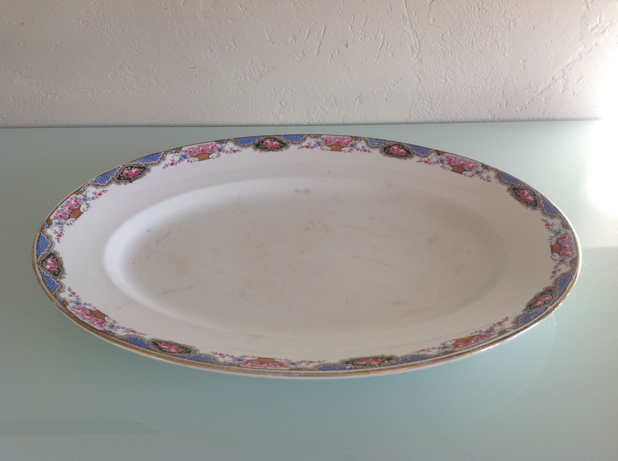 Oval dish décor baskets of roses by Digoin Sarreguemines / vintage 50s-60s