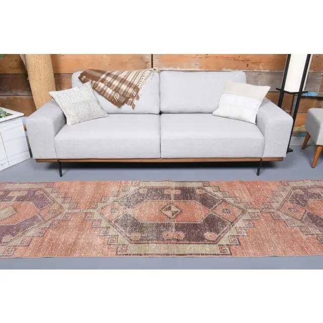 Vintage Turkish Hand-Knotted Wool Cotton Orange Runner 87x357