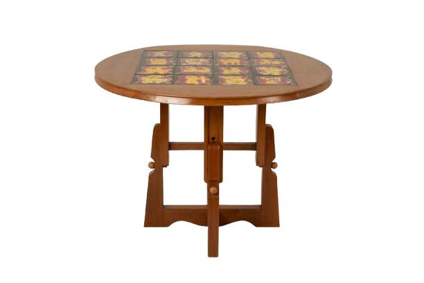 Guillerme and Chambron. Oak and ceramic side table. 1970s-80s.