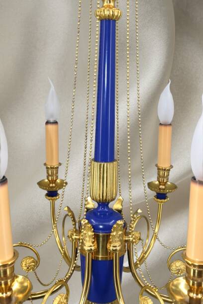 Solid Bronze Lustre Directoire Style in Gold & Royal Blue with Six Candles