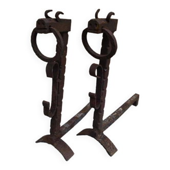 Pair of wrought iron andirons popular art zoomorphic ironwork