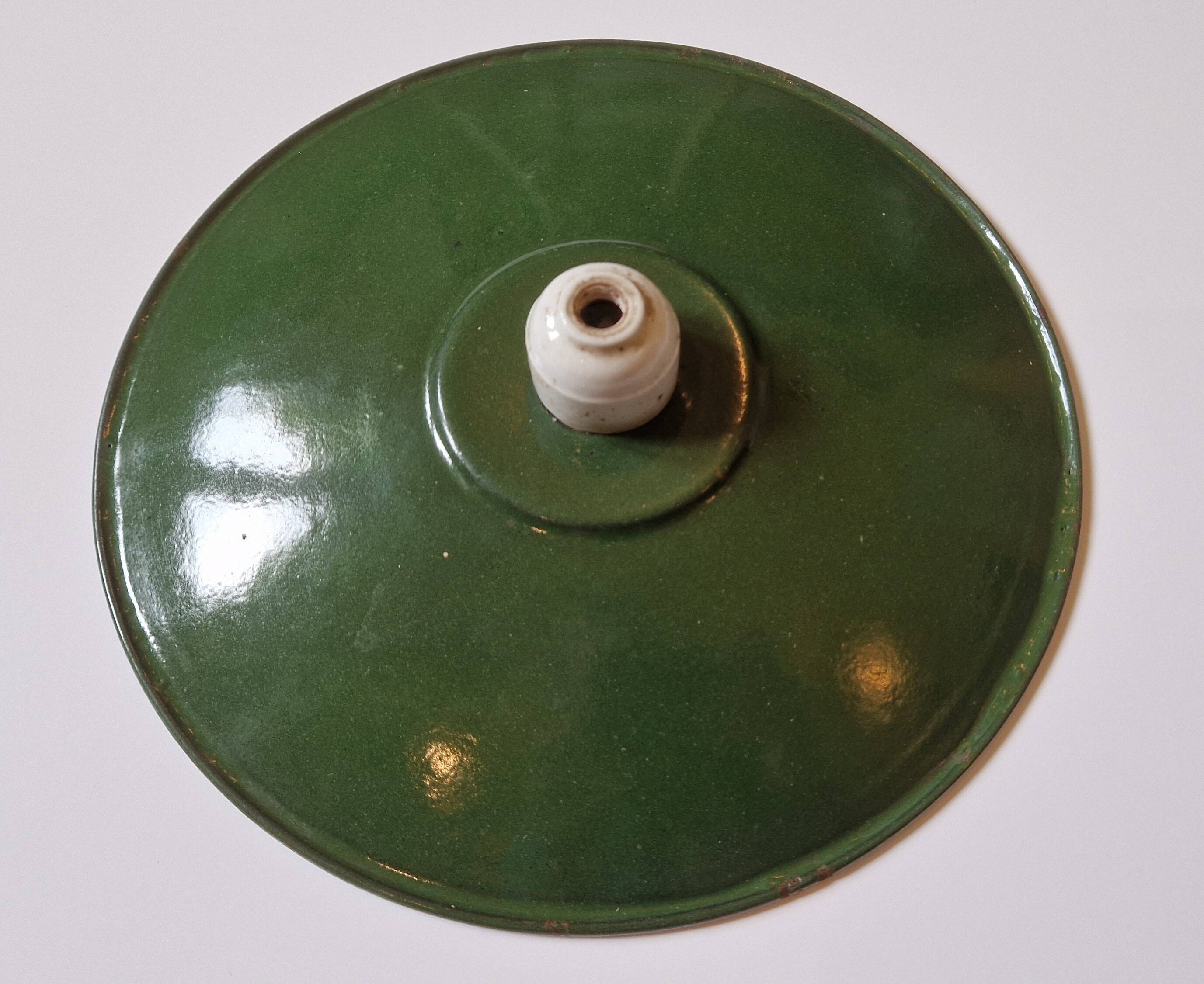 Old workshop pendant light green enameled sheet metal 1930