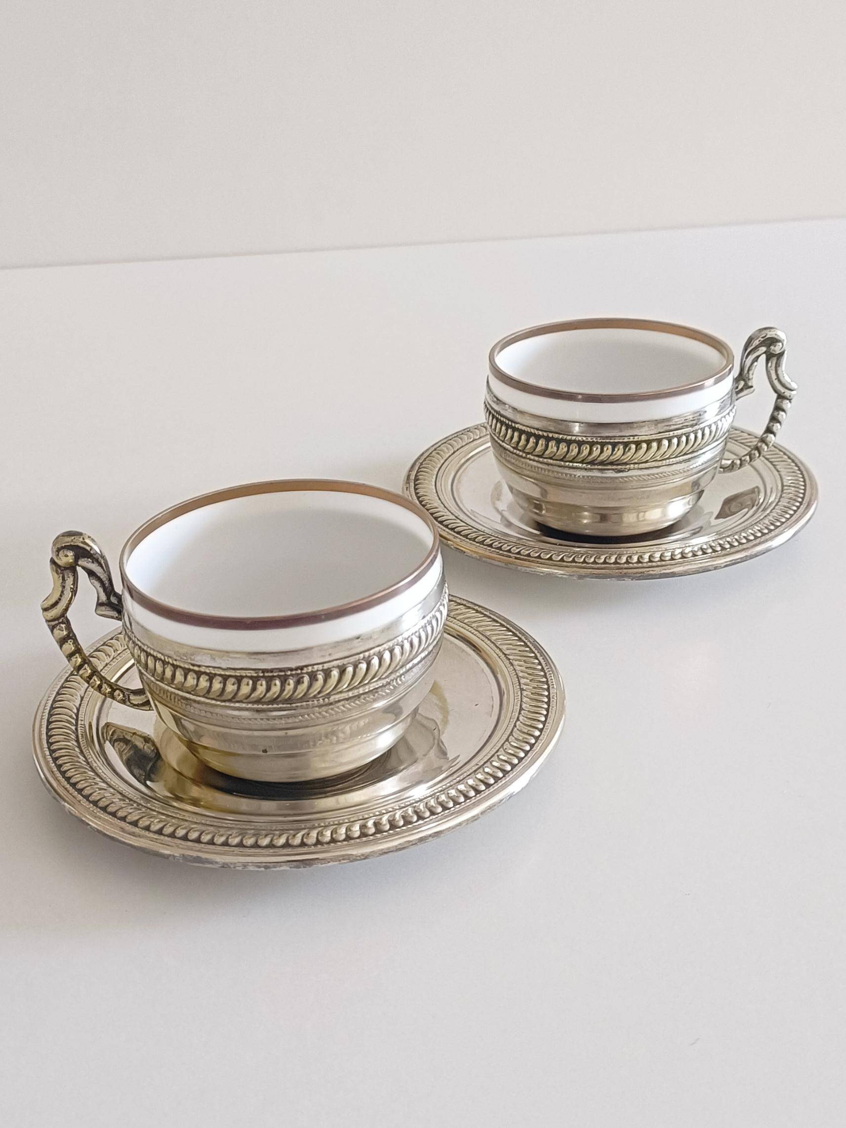 Victorian Alpaca Silver Tea or Coffee Pair of Cups and Plates, England 19th C.